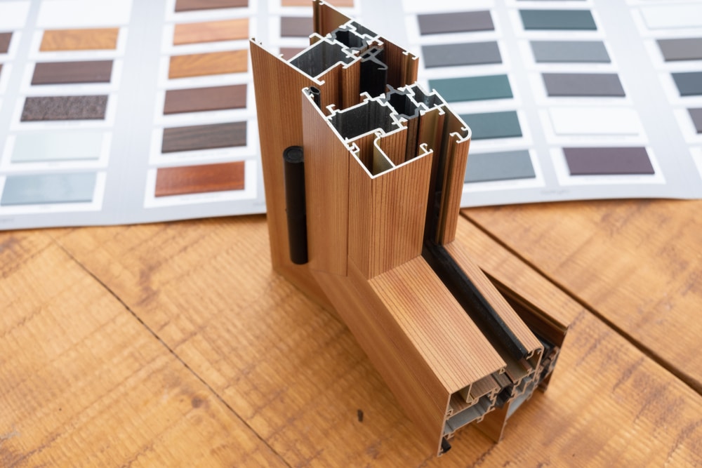 Aluminum,Window,With,Sample,color,Samples,,Isolated,On,Wooden,Table